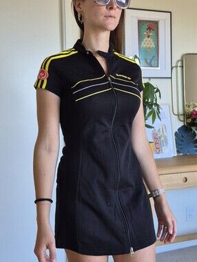 Rare Y2K Adidas Originals Grid Dress 2004 Zip Front Mini Dress Black Yellow S